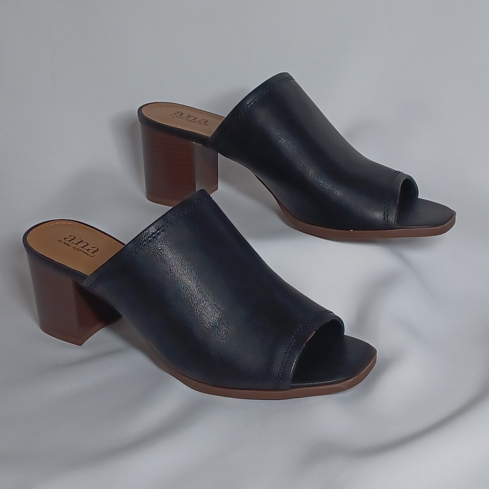a.n.a. Ana Beach Open Toe Block Heel Black Faux Leather Mule Office Casual